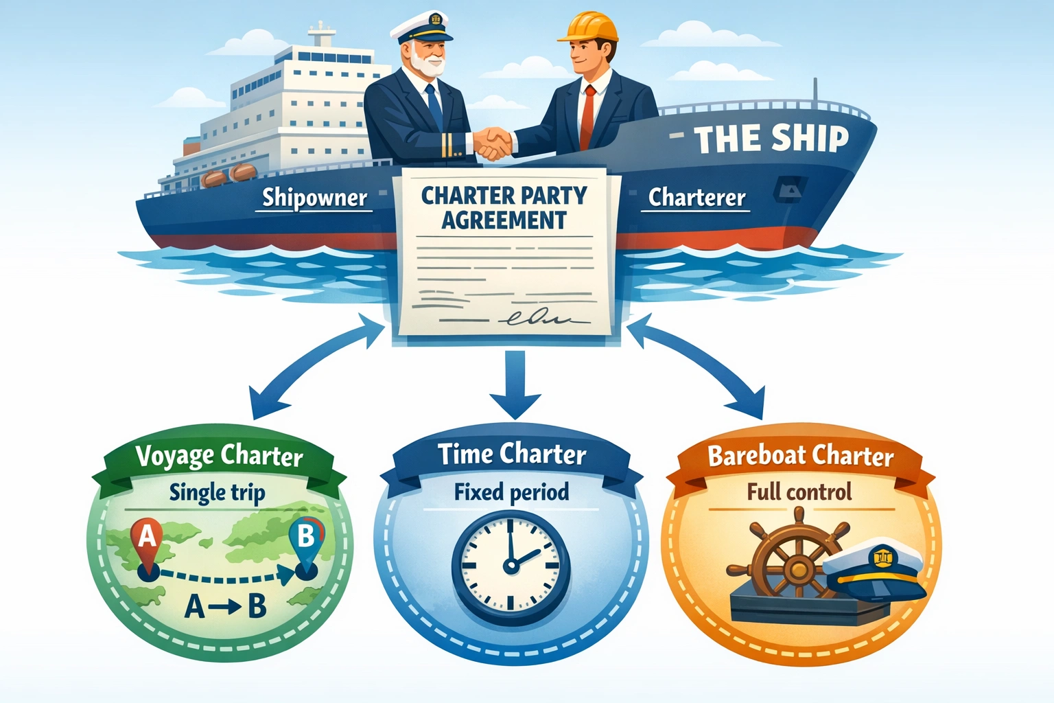 Charter party agreement types: voyage, time and container